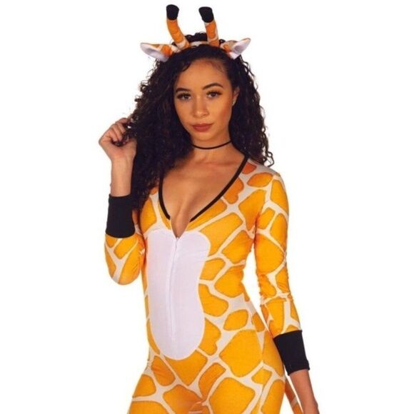 Tipsy Elves Ladies XL Giraffe Bodysuit Full Zip Jumpsuit Bodycon W Headband New - Picture 3 of 5